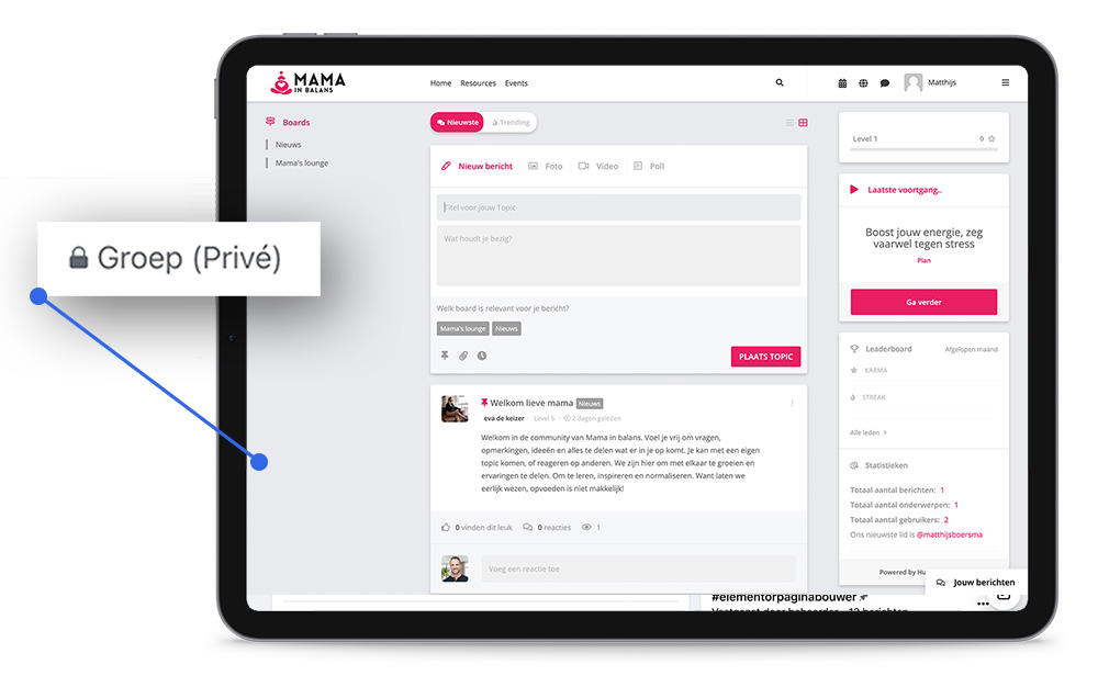 Prive community voorbeeld op tablet