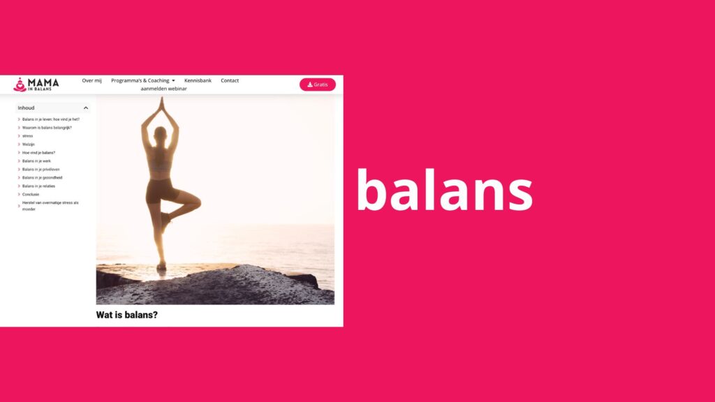 Afbeelding met daarop: Woorden balans met daarnaast een blog over "wat is balans"