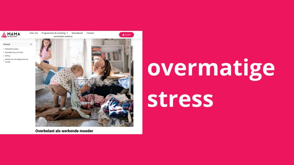 Afbeelding met daarop: de woorden overmatige stress met daarnaast een blog over "overbelast als werkende moeder"