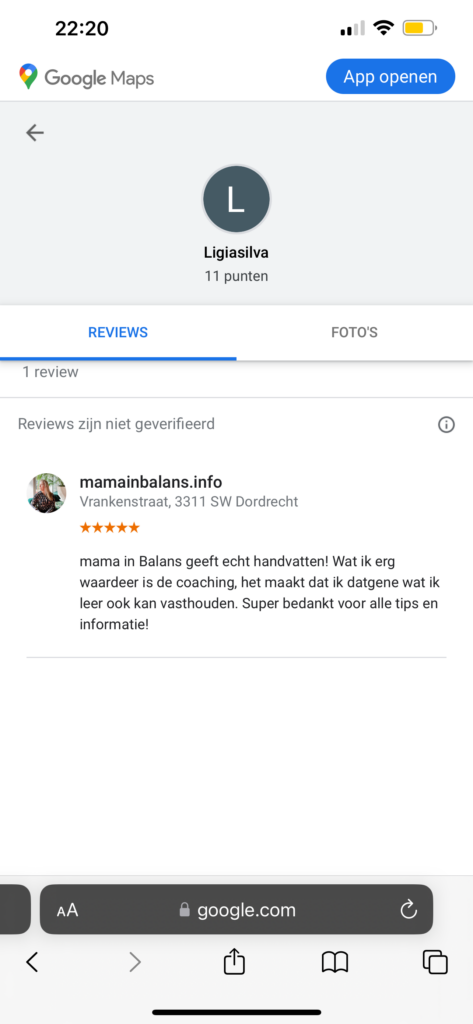 Review google "mama in balans geeft echt handvatten"